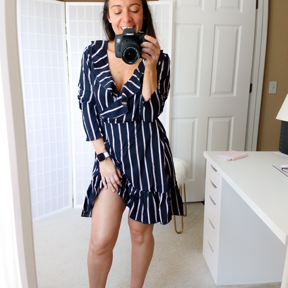 Blue Striped Fit and Flare Ruffle Wrap Dress - Picture 7 of 15